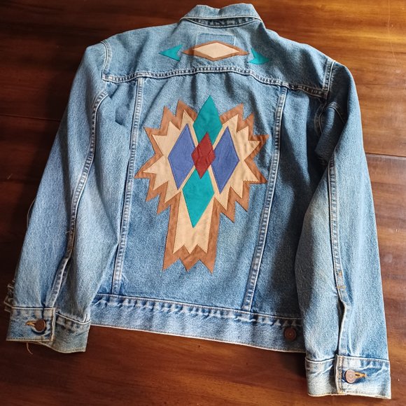 Vtg 90's Levi's Jacket, 70507-0389 Leather Applique, Southwest, Tribal, USA, M - Picture 3 of 15